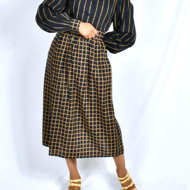 Vintage 1980s Contrast Geometric Print Puff Sleeve Blouse and Midi Skirt Set by Adele Simpson 