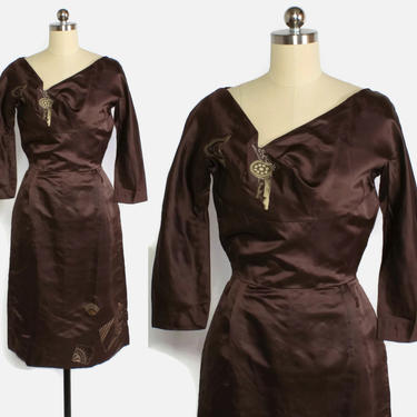 RESERVED // Vintage 50s Kimono Silk Dress / 1950s Brown Silk Satin Woven Cocktail Dress 