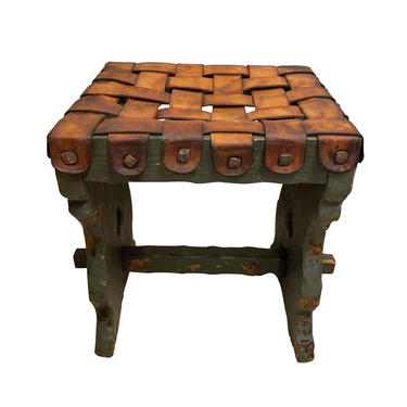 Green and Woven Leather Stool, France, 19th Century