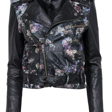 Parker - Black Floral Print Zip-Up Leather Moto-Style Jacket Sz S