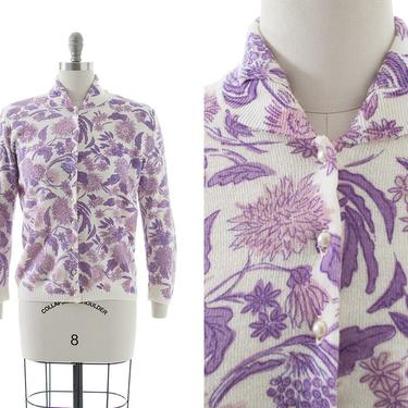 Vintage 1950s Cardigan | 50s Purple Floral Printed Knit Acrylic Button Up Sweater (large/x-large) 