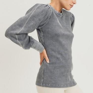 Grey Washed Waffle Pullover with Bishop Sleeves