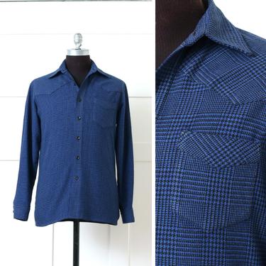 mens vintage 1970s plaid wool shirt • handmade Pendleton style western black & blue glenplaid shirt 