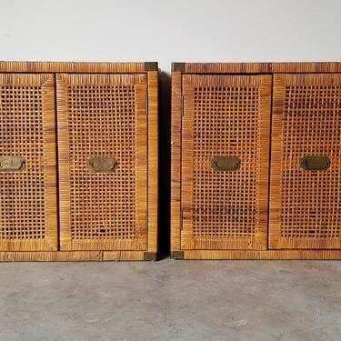 1970's Vintage Bielecky Brothers - Campaign Style Rattan Wrapped Nightstands - a Pair 