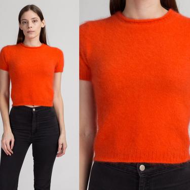90s Orange Angora Fuzzy Knit Crop Top - Extra Small | Vintage Express Short Sleeve Cropped Sweater 