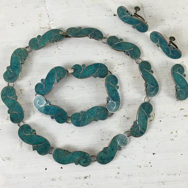 Mexican sterling with crushed turquoise inlay necklace and bracelet - vintage Taxco, Mexico 