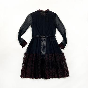 1960s Black Lace Pleated Ruffle Dress / High Collar / Oversize Cuffs / Goth / Red / Burgundy / Goth / Babydoll / Mod / Bow / Sheer / Medium 