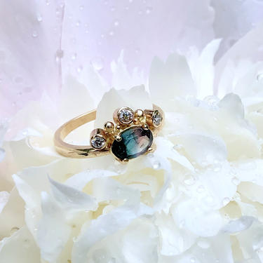 Bi Color Tourmaline Peacock Ring with Diamond Crown in 14k Gold Handmade One of a Kind Engagement Ring 