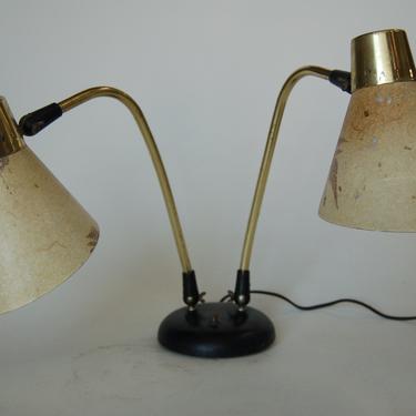 Double Gooseneck Brass Desk Table Lamp w/ Pressed Floral Fiberglass 