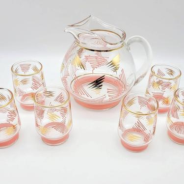 Mid-Century Pink and 22k Gold Pitcher and Glasses Set. Sinclair Glass Co 