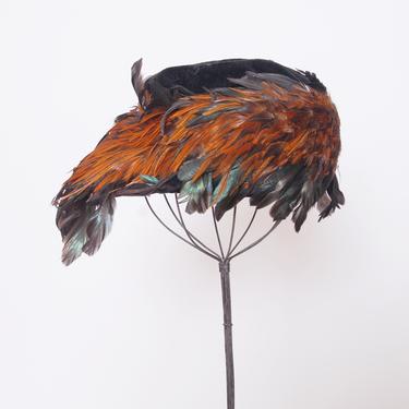 Vintage 1920s velvet and feather hat / asymmetrical black velvet hat / Edwardian hat / suffrage feather hat / antique feather & velvet hat 