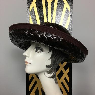 1960s hat, wide brim hat, juli-kay, brown straw hat, summer hat, Kentucky derby, millinery, mid century, mrs maisel style, chocolate, races 