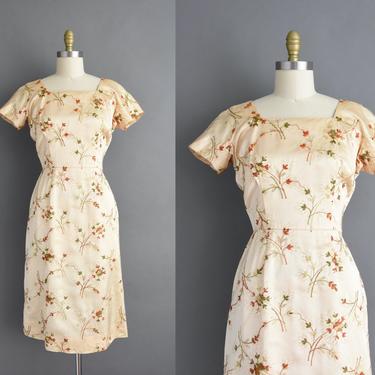 1950s vintage dress | Gorgeous Floral Gold Embroidered Short Sleeve Cocktail Party Bridesmaid Wedding Dress | Medium | 50s dress 