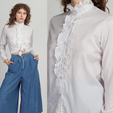 70s White Swiss Dot Tuxedo Ruffle Blouse - Medium | Vintage Edwardian Boho Long Sleeve Button Up Top 