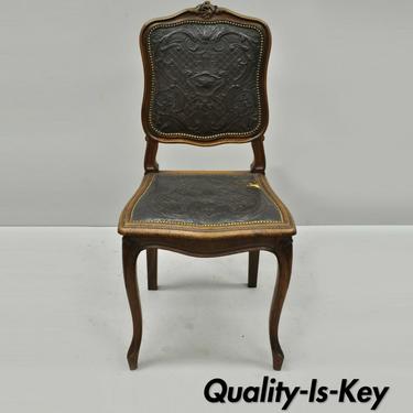 Antique French Louis XV Style Brown Embossed Leather Walnut Dining Side Chair A