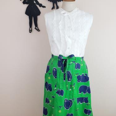 Vintage 1960's Blue Hippo Skirt / 70s Novelty Print Wrap Skirt M/L 