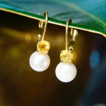 Vintage B.A.B 14K Gold Pearl Citrine Accent Drop Earrings, Petite Gold Pearl Lever Back Earrings, Brilliant Cut Citrine Accent Stone, 3/4&quot; L 