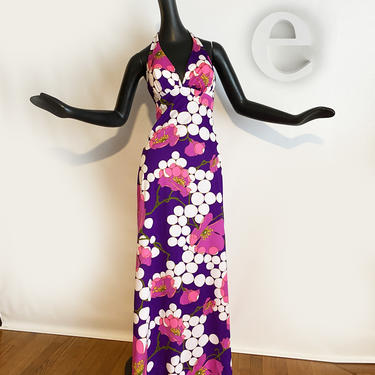 Large XL DeWeese Maxi Halter Dress! • Vintage 60s 70s MOD Tiki Oasis Hippie Boho Swim Dress • Pink Purple Magenta Psychedelic Flower Power! 