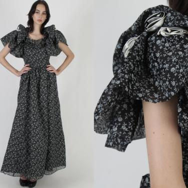 All Black Gunne Sax Floral Dress / Vintage 80s Floor Length Gothic Dress / Bohemian Bridal Gown / Goth Prairie Fairycore Maxi Dress Size 9 