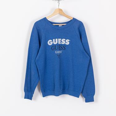 90s Guess Blue Raglan Sleeve Sweatshirt - Men's Large, Women's XL | Vintage Unisex Streetwear Graphic Pullover 