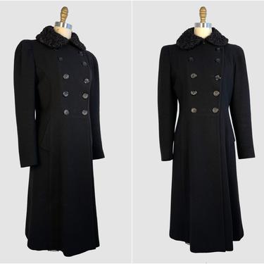 THIRTIES NOIR Vintage 30s Bloomingdale's Black Wool &amp; Persian Lamb Fur Coat | 1930s Art Deco Princess Cut Overcoat | 40s 1940s | Size Small 