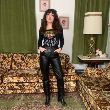 80’s BLACK LEATHER PANTS - pockets - high-waisted - x-small 