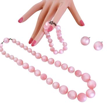 1960s Pink Moonglow Beaded Necklace Earrings and Bracelet Set - 60s Pink Necklace - 60s Pink Earrings - 60s Pink Bracelet - Jewelry Set 