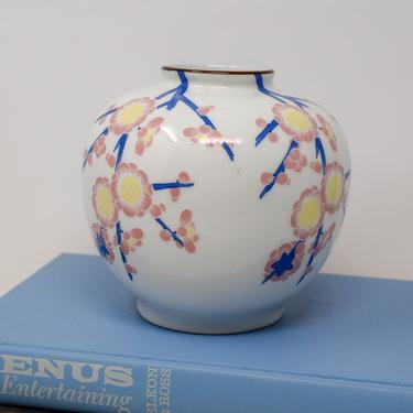Vintage White Vase with Blue, Yellow and Pink Floral Design 
