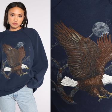 Eagle Sweatshirt Animal 80s Bald EAGLE Shirt Graphic Print Moon Jumper Slouchy Sweater Vintage Navy Blue Raglan Sleeve Extra Large 2XL xxl 