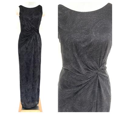 Vintage VTG 1990s 90s Designer Calvin Klein Black Silver Metallic Party Gown Dress 