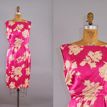 50s Silk Dress Cocktail Hot Pink Floral Dress 