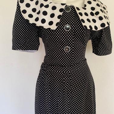 Vintage polka dot dress set, black and white polka dot outfit, skirt and top, rockabilly dress, avant-garde polka dot dress 14 large 