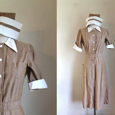 vintage 1940s Nurse Uniform Dress + Cap / XS 