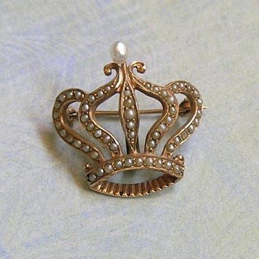 Antique 10K Gold And Seed Pearl Crown Watch Pin, Old Seed Pearl Crown Pin Brooch, Wedding Jewelry (#3856) 