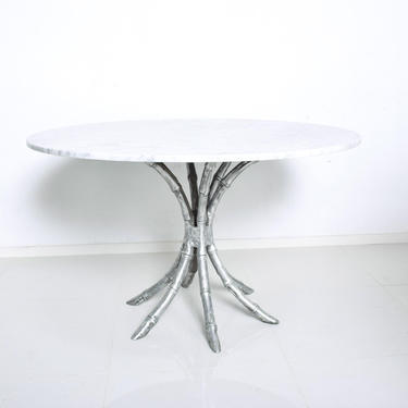 Hollywood Regency Faux Bamboo in Aluminum Pedestal Table with Marble Top 