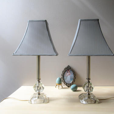 art deco crystal lamps with shades - glass prism pair bedside boudoir 