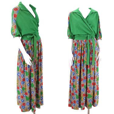 70s knit MISSONI floral print dress / vintage 1970s two piece outfit wrap top and midi skirt 42 / 8 1980s 