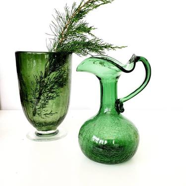 Vintage Green Crackle Glass Pitcher Vase 