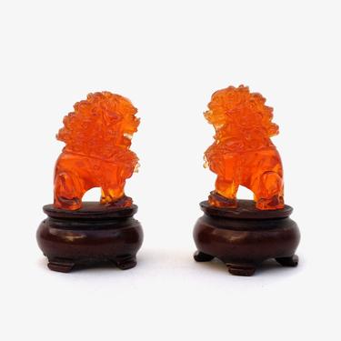 Vintage Hand Carved Orange Lucite Foo Dog's on Stands | Shishi Lion Figurines | Republic Era Guardian Dogs of Fo 