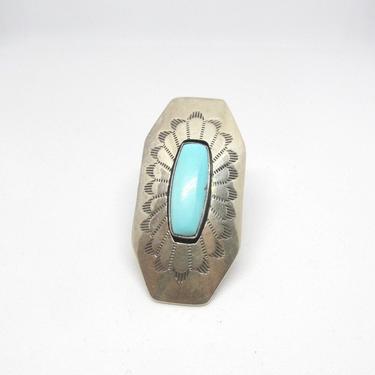 RUNNING BEAR Large Navajo Turquoise and Silver Ring | Native American Indian Southwestern Stamped Jewelry | Boho Bohemian Statement | Size 6 