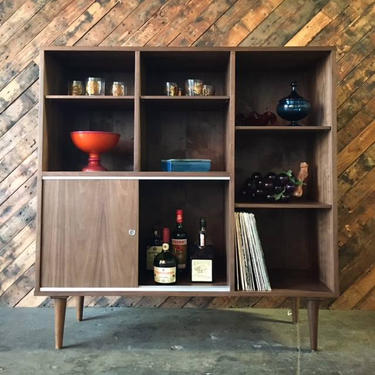 Mid Century Style Custom Walnut Bookcase Shelf Bar 