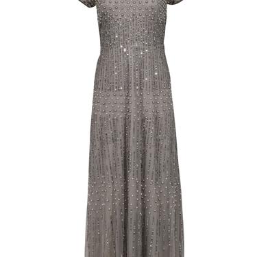 Adrianna Papell - Taupe Short Sleeve Tulle Gown w/ Sequins & Pearls Sz 10P