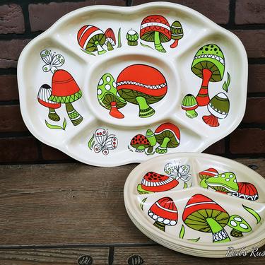 Vintage Plastic Mushroom Platter and Mushroom Divided Plates 
