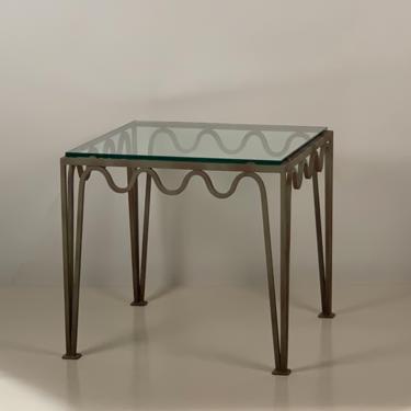 Pair of Square 'Méandre' Verdigris and Glass Side or End Tables