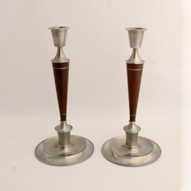 Pewter and Rosewood Candle Sticks Danish Modern Free Shipping 
