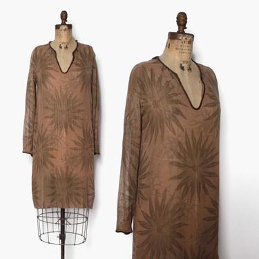 Vintage 20s Silk &amp; Metallic Lame Dress / 1920s Sheer Cocoa Brown Gold Floral Over Dress with Velvet Trim 