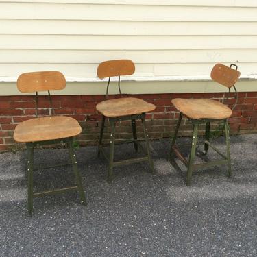Three steel and plywood vintage drafting stools Hallowell Co 