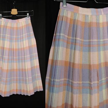 Vintage 80s Pink Pastel Wool Pleated Skirt - Eighties XXS Pleated Midi Mid Length Plaid Skirt 