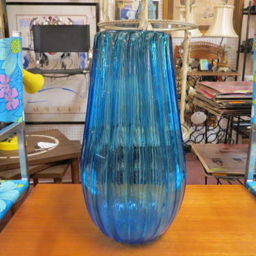 Vintage Mid century modern large blue glass vase