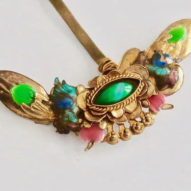 Qing Dynasty Chinese Enamel Gilt Tremblant Floral Hair Ornament, Antique Chinese Hair Pin, Antique Hair Decoration, Hair Jewelry, 